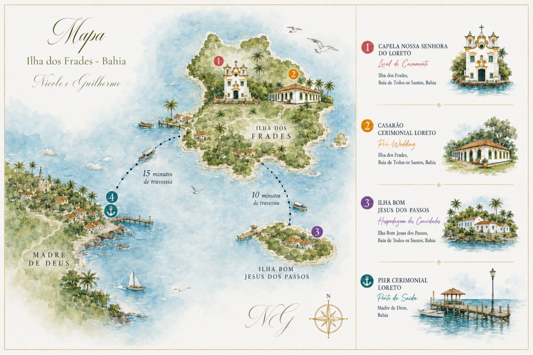 Mapa ilustrado da Ilha dos Frades, com a Capela de Nossa Senhora do Loreto, o Casarão Cerimonial, a Ilha Bom Jesus dos Passos e o Pier Cerimonial em Madre de Deus